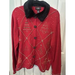SEGUE NOEL BEADED CHRISTMAS Cardigan Sweater Size XL Holiday Festive Tacky